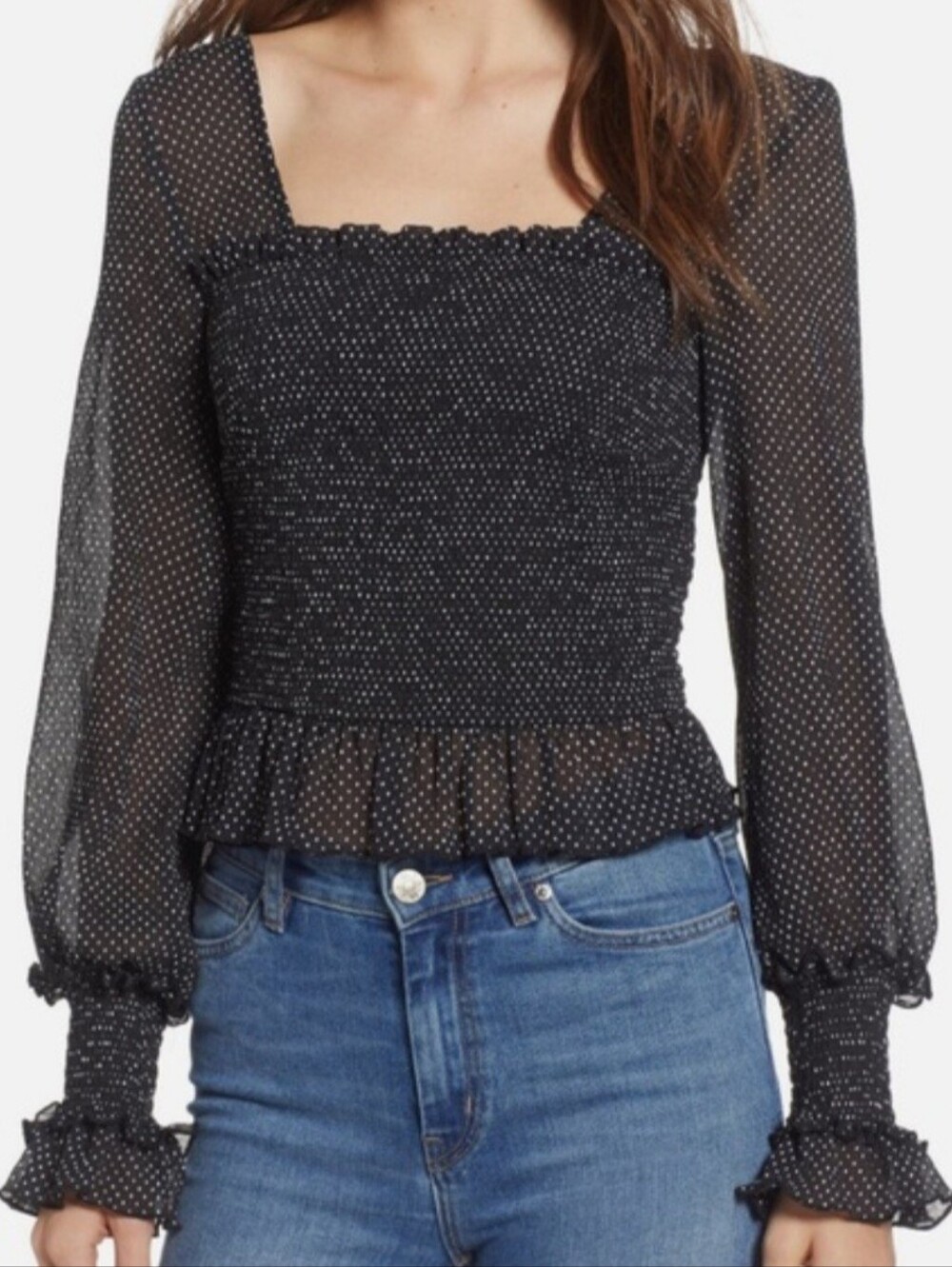 The East Order Black Sheer Polka Dot Square Neck Long Sleeve Peplum Blouse